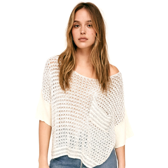 NEW! Revolve M Doll&Company Metallic Open Knit Cropped Sweater Silver White - Picture 1 of 5